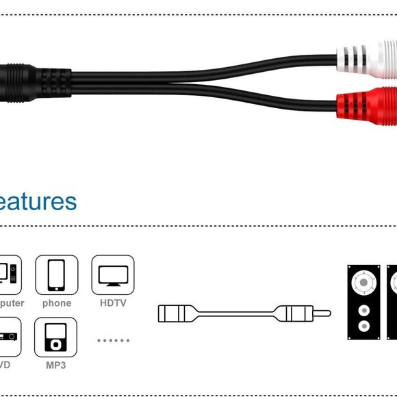 RCA 1 Male to 2 Female Audio Speaker Y Adapter Splitter Cable - Package of 2 NEW - Picture 6 of 7